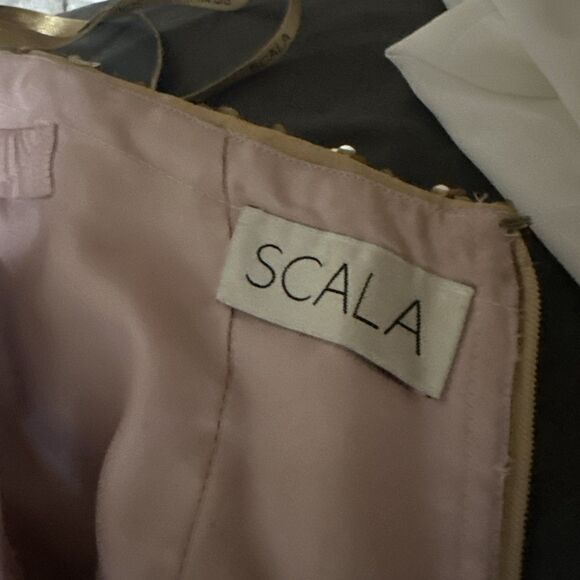 SCALA Size 2 Strapless Gold Sequin Beaded Silk Maxi Dress Gown Slit Zip - Picture 7 of 7